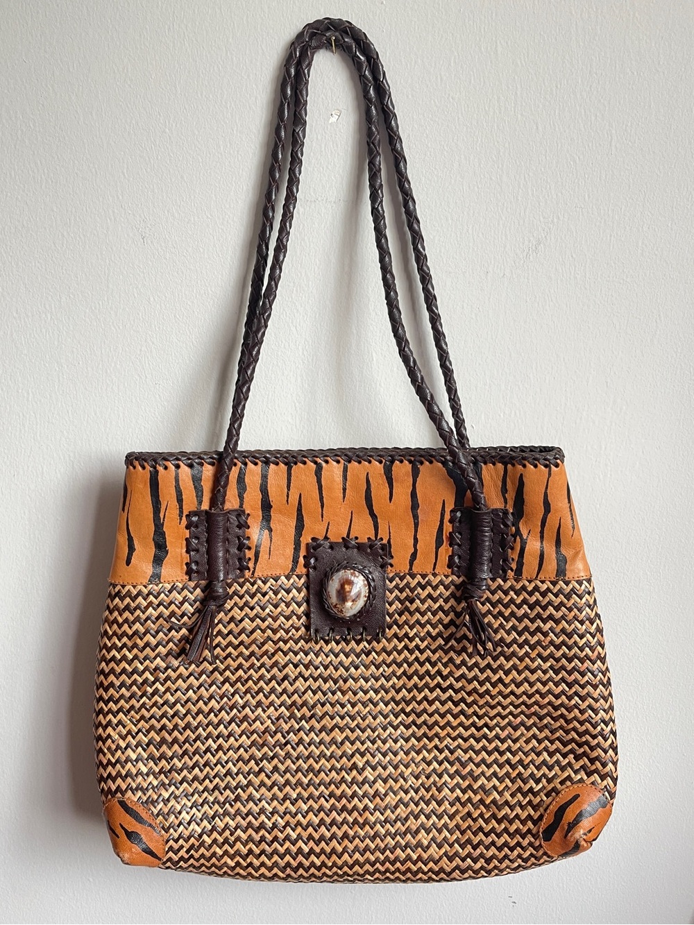 Woven Stripes + Tiger-Print Straw Tote Bag with Leather Straps + Shell Detail